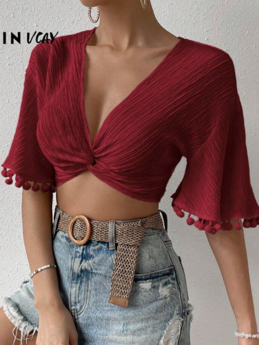 SHEIN VCAY Deep V-Neck Front Twist Crop Top